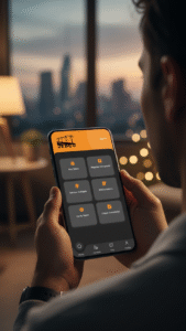 A user interacting with the JEDCO utility app on a smartphone, demonstrating mobile access to utility services